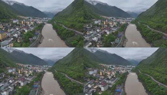 云南怒江大峡谷贡山县城市风光航拍高清在线视频素材下载