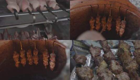 新疆 烤肉店内新鲜肉串挂在架子上高清在线视频素材下载