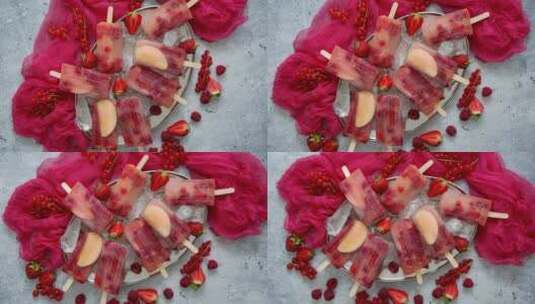 金属托盘中的草莓覆盆子苹果和红醋栗冰棒高清在线视频素材下载