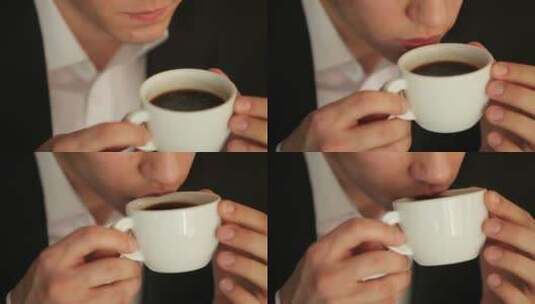 男人喝咖啡特写高清在线视频素材下载