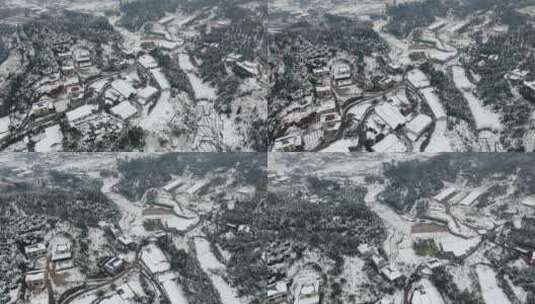 航拍南方丘陵山川森林美丽乡村雪景高清在线视频素材下载