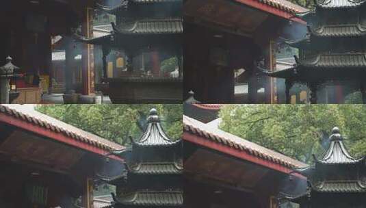 下雨天杭州寺庙大殿前的香炉青烟袅袅高清在线视频素材下载