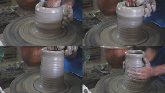 陶工轮上制作陶器特写高清在线视频素材下载