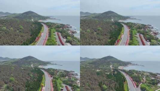 航拍山东青岛沿海公路海景高清在线视频素材下载