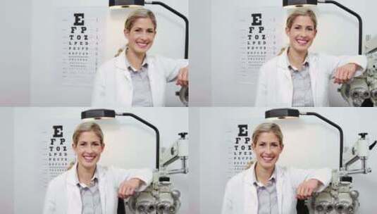 美丽的验光师站在眼科诊所高清在线视频素材下载