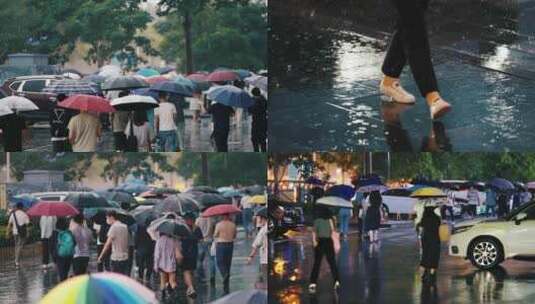 下雨暴雨大雨城市撑伞上班族白领人群劳动者高清在线视频素材下载