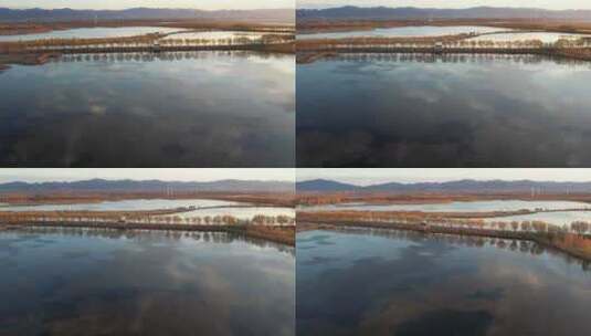野鸭湖秋景天空镜面航拍高清在线视频素材下载