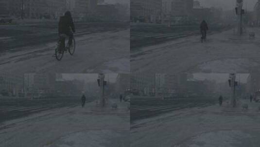 黑龙江牡丹江市雾天路边骑老式单车经过的人高清在线视频素材下载