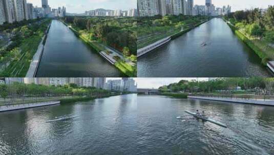 深圳南山区大沙河生态长廊赛艇航拍高清在线视频素材下载