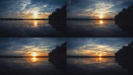 湖泊湖面日落唯美夕阳天空倒影镜像高清在线视频素材下载