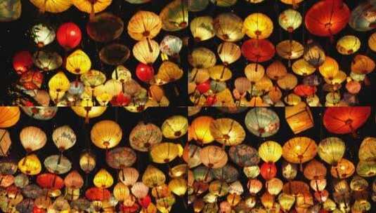 中秋节灯笼夜晚街上挂着的彩灯各种各样灯笼高清在线视频素材下载