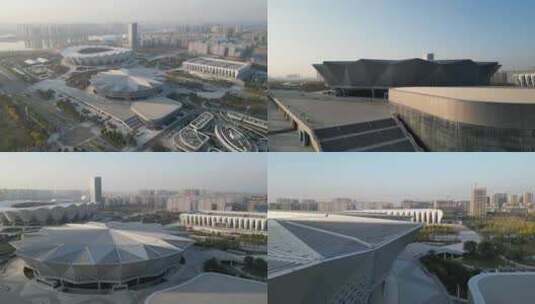 西安浐灞奥体中心运动场馆建筑航拍高清在线视频素材下载