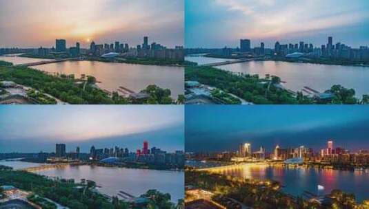 中国辽宁沈阳浑河两岸日转夜延时风光高清在线视频素材下载