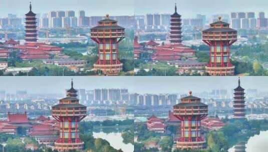 航拍扬州高旻寺运河河道寺庙塔游客全景空景高清在线视频素材下载