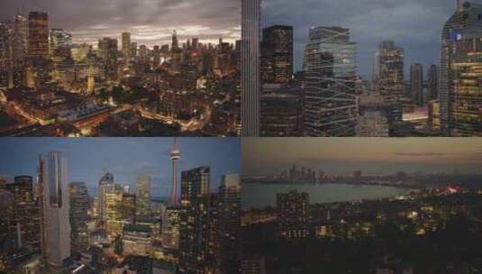 航拍加拿大多伦多市中心摩天大楼夜景灯光高清在线视频素材下载
