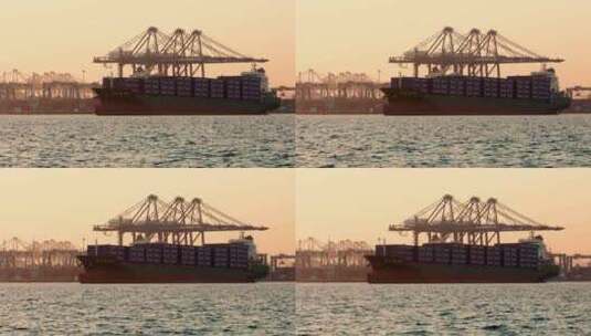 夕阳时分集装箱船驶出天津港高清在线视频素材下载