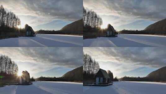 森林公园木屋雪景高清在线视频素材下载