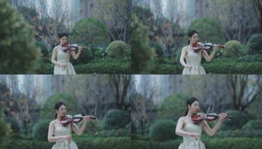 小提琴在住宅小区内演奏高清在线视频素材下载