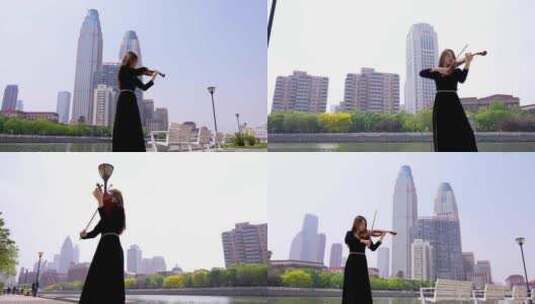 小提琴家天津海河边拉小提琴高清在线视频素材下载