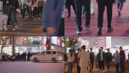 杭州城市夜晚行人过马路车流人流脚步高清在线视频素材下载