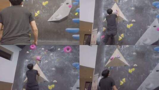 亚洲登山者家伙在健身房爬上室外抱石墙高清在线视频素材下载