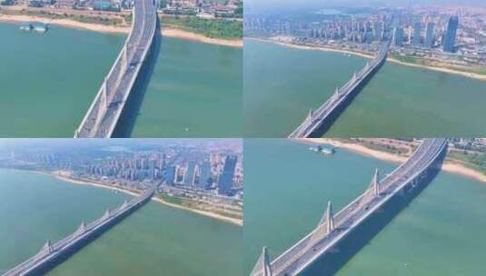 江西南昌赣江朝阳大桥车辆交通航拍城市风景高清在线视频素材下载