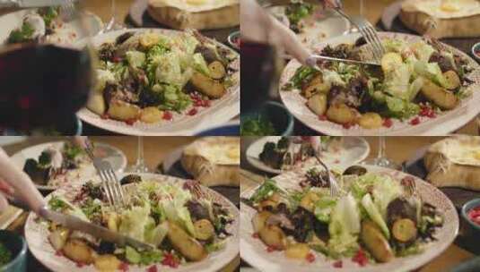 在餐桌上吃新鲜东方沙拉格鲁吉亚国家美食的高清在线视频素材下载