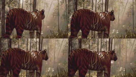 在茂密的竹林中，老虎仍然站着用它的感官来高清在线视频素材下载