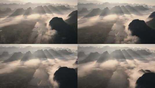 日出时分桂林漓江峡谷上空的云雾缭绕高清在线视频素材下载