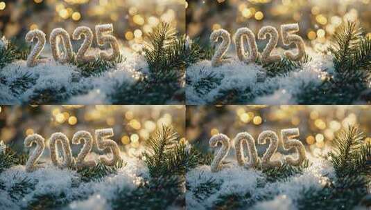 金色灯光下的2025新年雪景动画高清在线视频素材下载