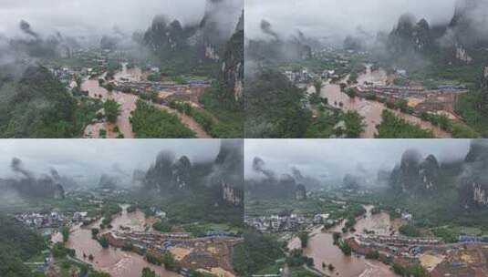 桂林夏季暴雨洪水航拍高清在线视频素材下载