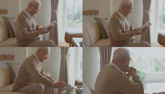 老人坐在窗边喝茶的悠闲生活场景高清在线视频素材下载