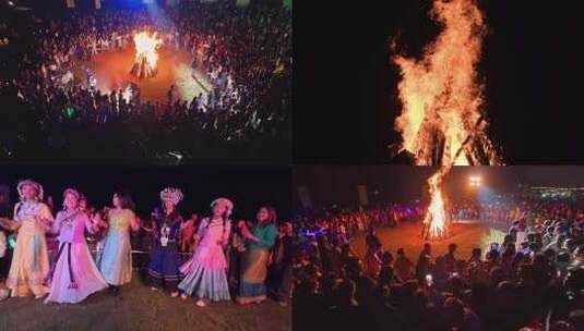 4k篝火晚会  民族团结  柴火火焰高清在线视频素材下载