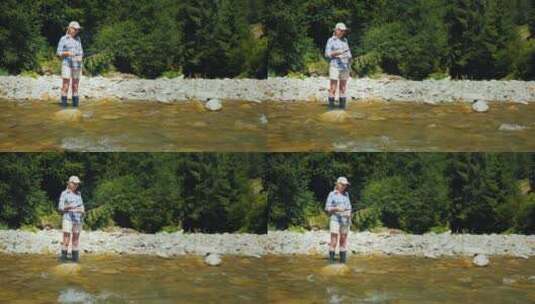 女孩在河边钓鱼高清在线视频素材下载