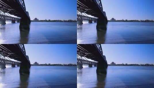 万里无云阳光明媚下的鸭绿江断桥高清在线视频素材下载