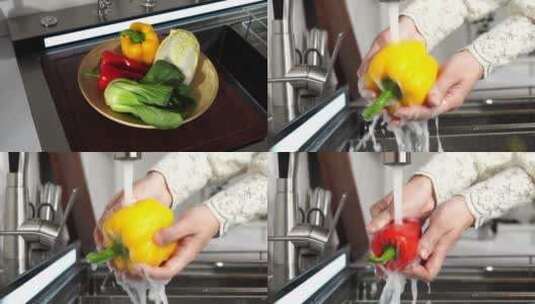 模特清洗蔬菜厨房集成水槽高清在线视频素材下载