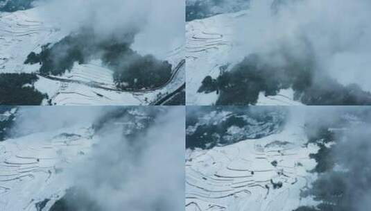 冬季白雾白雪覆盖田野山川森林梯田线条高清在线视频素材下载