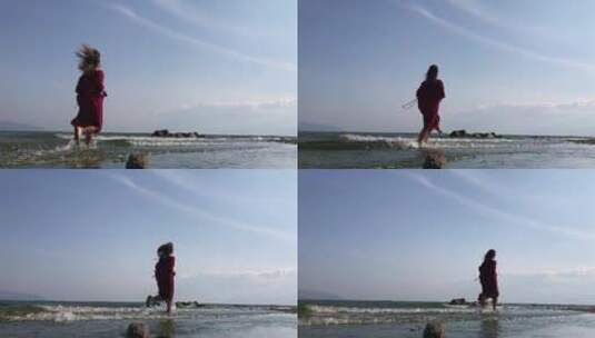 洱海边美女踏浪高清在线视频素材下载