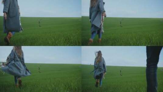 情侣在大草原上奔跑高清在线视频素材下载