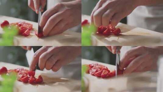 厨师在厨房切番茄特写镜头高清在线视频素材下载