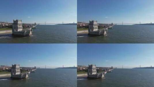 里斯本城市景观与贝伦塔和4月25日大桥，葡萄牙26高清在线视频素材下载