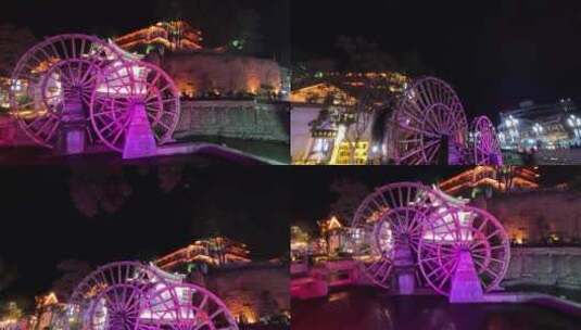 丽江古城大水车夜景4个镜头4K高清在线视频素材下载