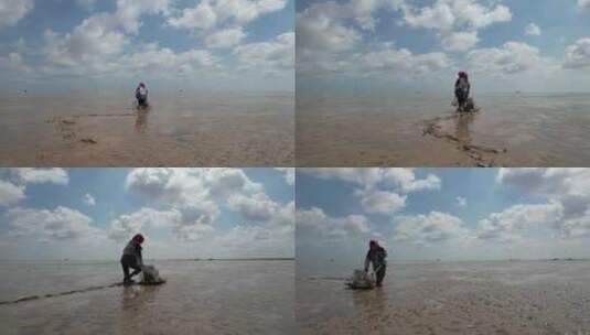 渤海渔民赶海泥滩高清在线视频素材下载