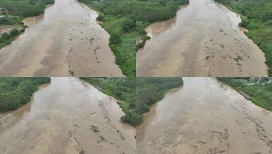 暴雨过后的乡村河流浑浊河水黄色水流航拍河高清在线视频素材下载