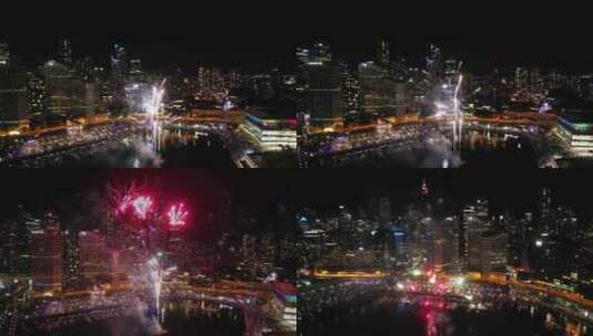 航拍澳大利亚悉尼港夜景烟火摩天大楼灯光高清在线视频素材下载