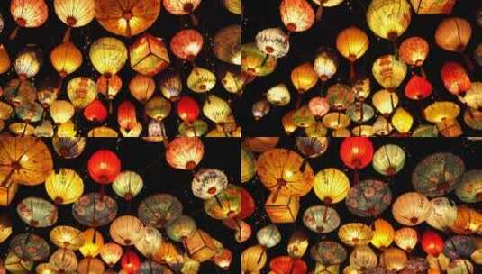 中秋节灯笼夜晚街上挂着的彩灯各种各样灯笼高清在线视频素材下载