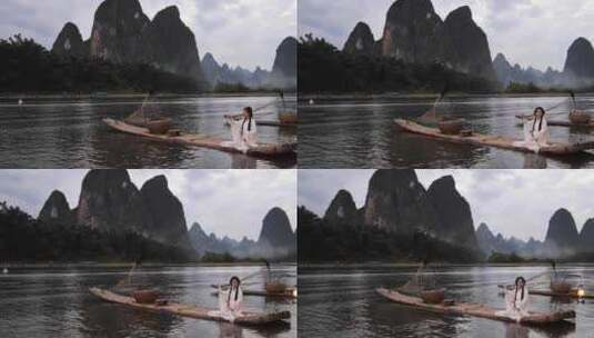 桂林山水漓江竹筏上的古风汉服美女高清在线视频素材下载