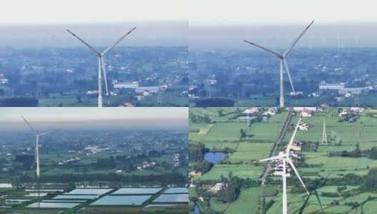 航拍风力发电风机水塘养殖田野绿色天空之境高清在线视频素材下载