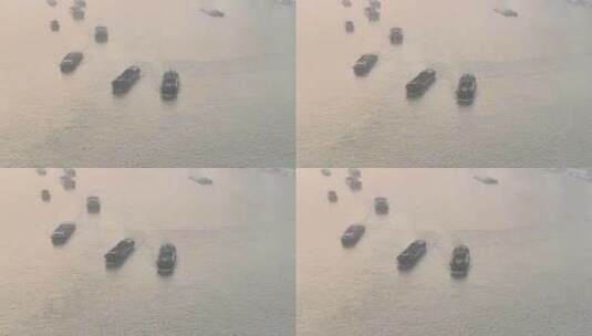 航拍上海清晨  黄浦江船只高清在线视频素材下载