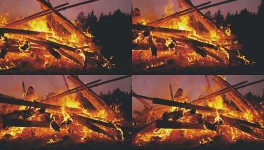 森林中晚上燃烧的原木大篝火。180 Fp高清在线视频素材下载
